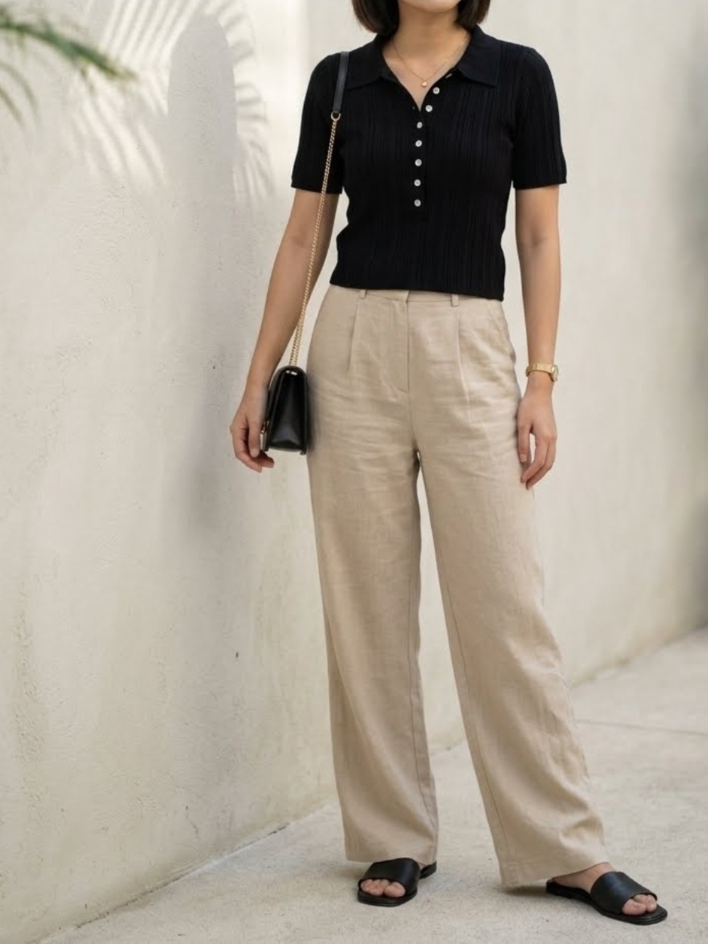 Valen Basic Store Women Black Ribbed Knit Button Front Polo Top Size S